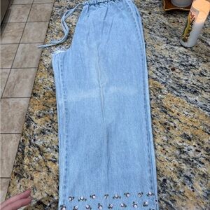 Ami Light Blue Straight Leg Jeans with Floral Detail